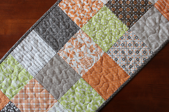 Fall Table Runner, Quilted Thanksgiving Pumpkins & Blossoms, Orange Green Gray