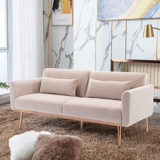Modern Loveseat Sofa Accent Sofa, Comfort Velvet Convertible Futon Sofa & Sofa Bed with Metal Feet and Adjustable Backrest