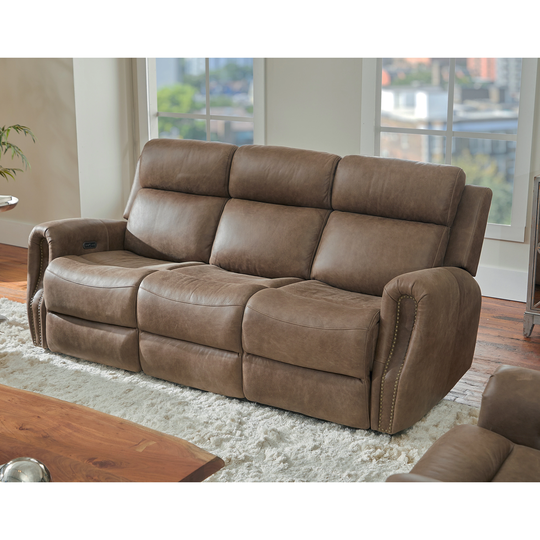 Bobby Nailhead Trim Brown Leather Reclining Sofa