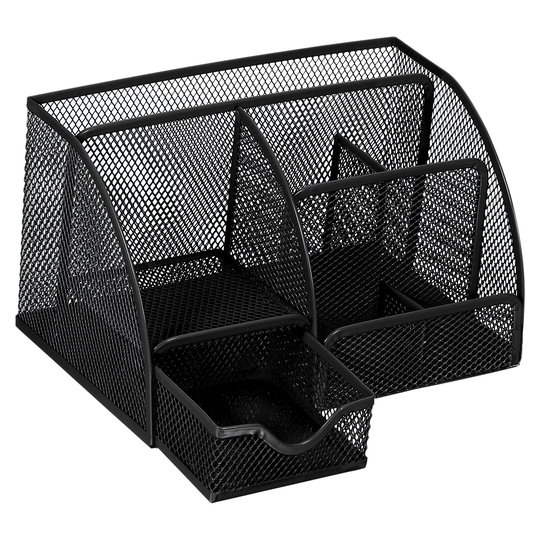 Pen Holder, Metal 6-Slot and 1 Drawer Oval Pencil Desktop Organizer - Black