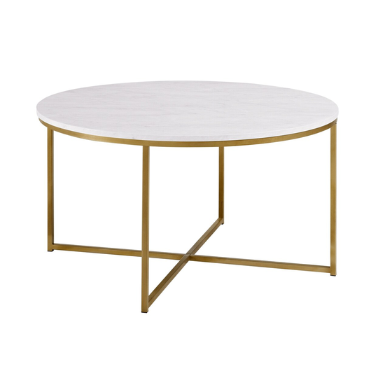 Offex 36" Durable Laminate Top Coffee Table with Painted Metal X Base - Marble/Gold