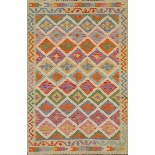 Hand-woven Kilim Oriental Area Rug Geometric Multi-Color Wool Carpet - 5'1" x 6'10"