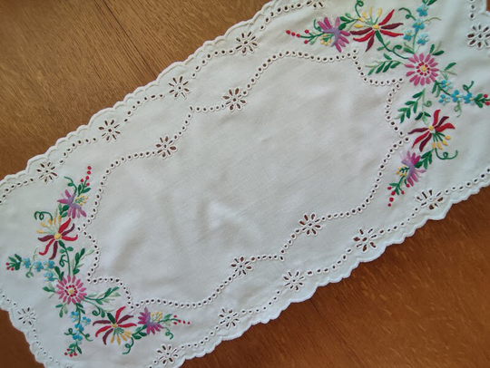Hungarian Embroidered Table Runner, Hand Old Kalocsa Motif