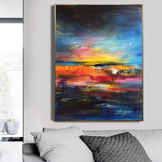 Abstract Painting Colorful Sunset Canvas Blue Orange Ocean Wall Art