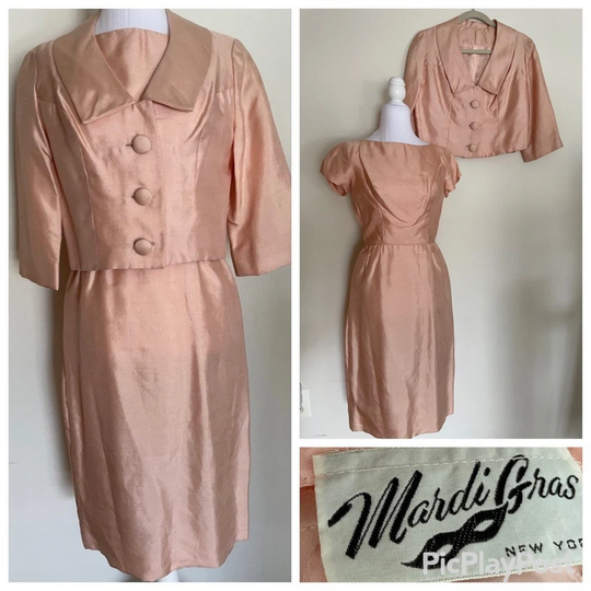 Sweet Silk Dress & Jacket Suit Perfectly Tailored, Pencil Style Skirt in Soft Pink By Mardi Gras Excellent Vintage Condition Medium Size
