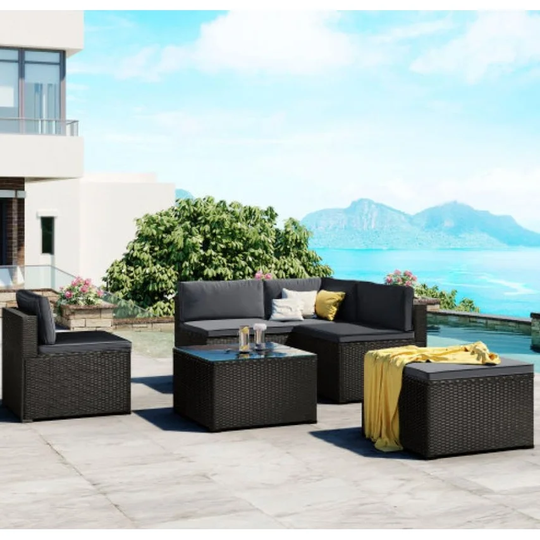 Patio Dining Table and sectional sofa Chair with Ottoman and Throw Pillows