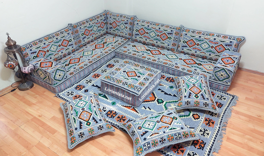 Gray L Shaped Arabic Oriental Floor Seating Sofa Set Floor Cushion Turkish Home Decor Moroccan Kilim Yoga Meditation Bohemian Couch Set