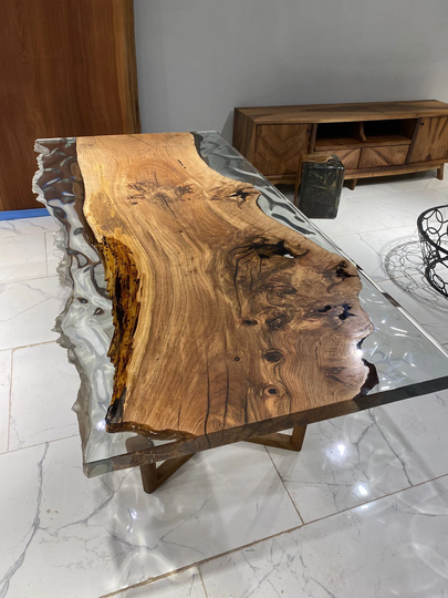 Clear Epoxy Table, Resin Dining Live Edge Natural Handmade Oak Wood Custom Order River Table