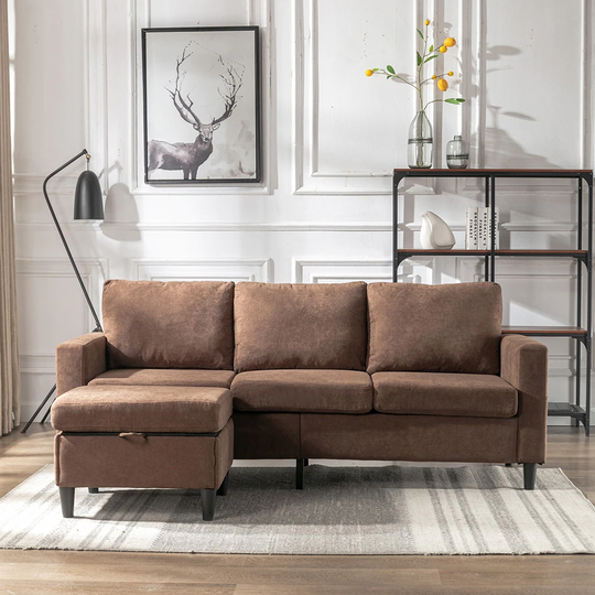 L-Shape Sectional Sofa with Movable Ottoman and Side Pocket
