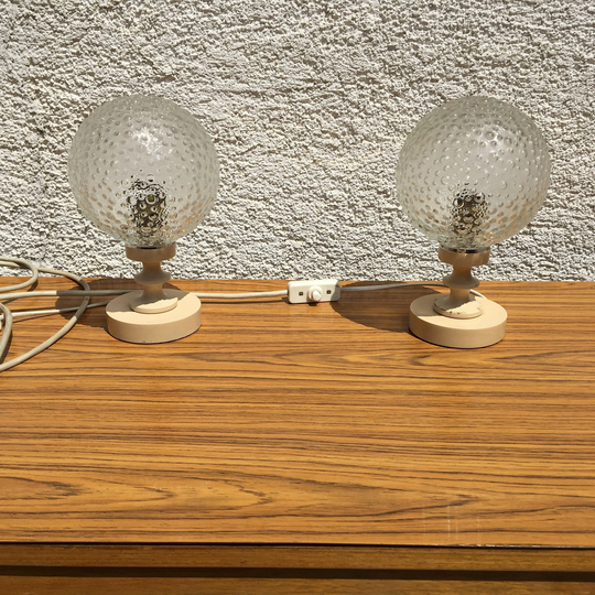 Pair 2Pcs Vintage Gdr Aka Electric Table Night Lamp Glass Wood Mid-Century 70S