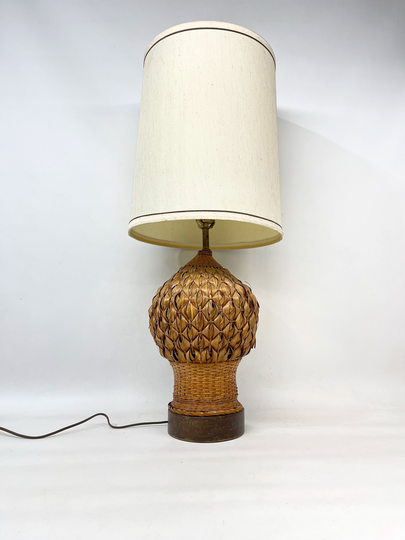Vintage Mid Century Lamp, Rattan Table Wicker Pineapple Boho Lamp Shade, With Shade
