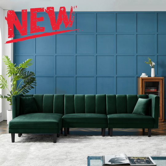 Velvet Split Back Reversible Sectional Sofa Bed Armless Sleeper Manual Recline Couch with Plastic Legs&2 Pillows, Dark Green