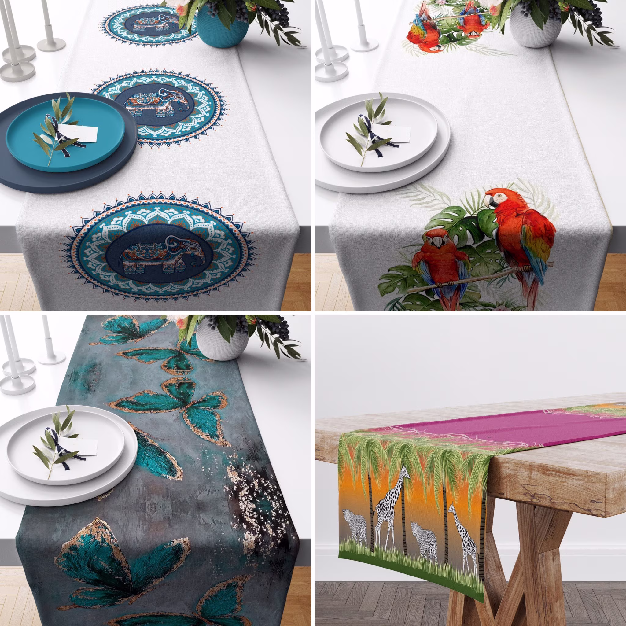 Animals Table Runner, Elephant & Parrot Tablecloth, White Red Kitchen Dining Room Decor, Housewarming Gift