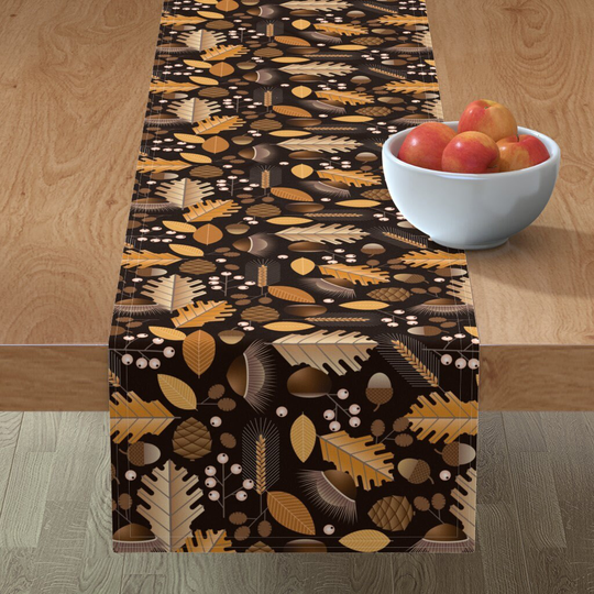 Dark Autumn Geo Table Runner - Geometric Botanical By Heleenvanbuul Black Leaves Brown Cotton Sateen Spoonflower