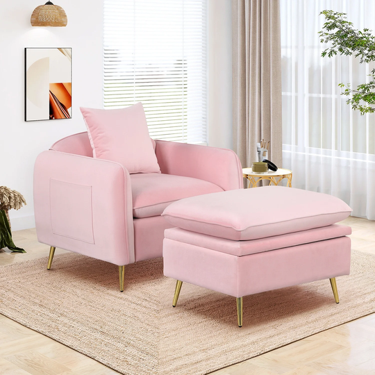 Modern Accent Chair, Sofa Chair with Ottoman Foot Rest and Pillow