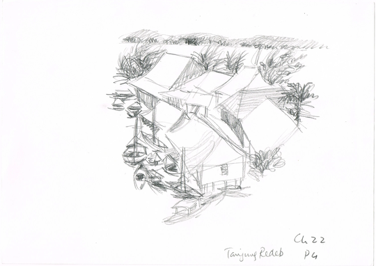 Vintage Original 1980S Small A4 Pencil Drawing Boats & House, Tanjung Redeb, Indonesia By Illustrator Salim Patel