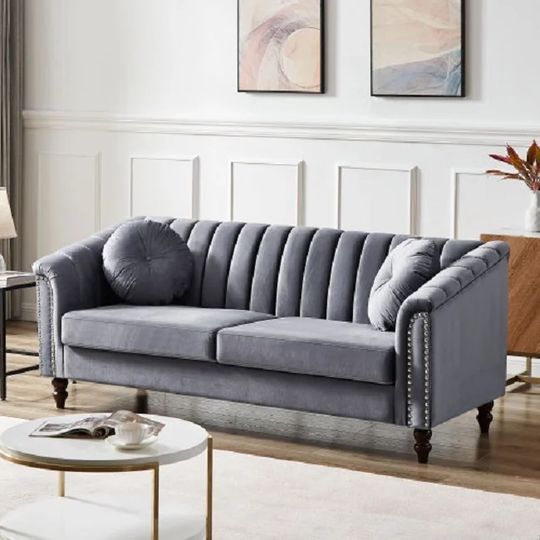 Modern Velvet Upholstered Sofa Couch, 3 Seat Tufted Back with Nail Arms, Solid wood Legs, Sleeper Sofa for Living Room
