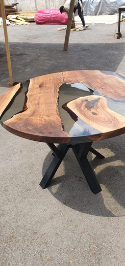 Epoxy Coffee Table, Custom 50" Diameter Round Walnut Wood Smokey Gray Order For Denise P