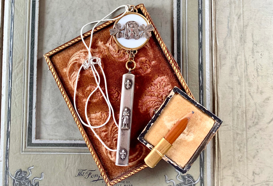 Elegant Joan Of Arc Tribute Necklace Rare Chatelaine Pencil Case With Brook Antique Glass Button Jewelry Jeanne D"Arc Religious
