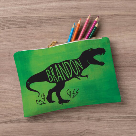 T-Rex Large Zipper Pouch, Custom Name Pencil Case, Stationery Zip Personalized School Supplies, Back To