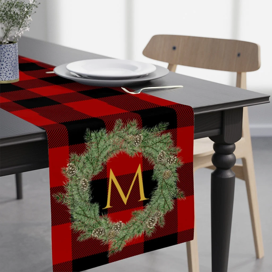 Monogram Christmas Table Runner Buffalo Plaid, Red Black Plaid Christmas Decor, Table Decortable