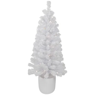 3.5' Pre-Lit Potted Flocked Winter Pine White Tinsel Artificial Christmas Tree Clear Lights