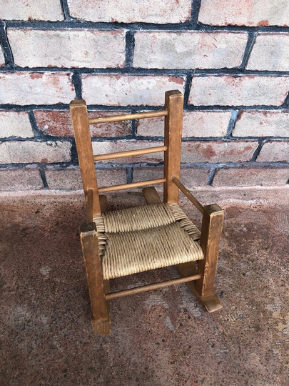 Vintage Doll Rocking Chair, Ladder Back Rocker, Farm House Display Rattan Seat Woven Rocker