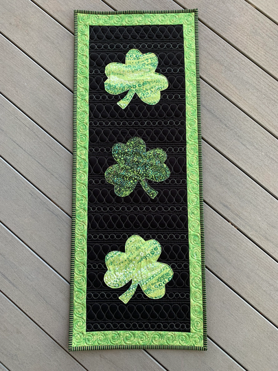 Shamrock Quilted Table Runner St Patrick's Day 3 Leaf Clover Decor Irish Shamrocks Mat Green Black & Gold Topper Ooak