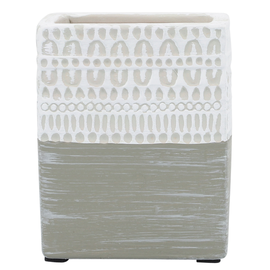 Ceramic 4"h Aztec Pen Holder, White, gray 4.0"H - 3.0" x 3.0" x 4.0"