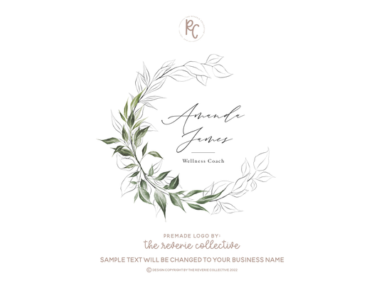 Fine Art Logo, Botanical Pencil Sketch Rustic Farmhouse Branch Wreath Leaves Premade Logo Design