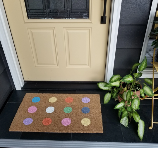Colorful Pastel Dots On Welcome Mat, Cute Colored Outdoor Contemporary Entry Fun Midcentury Mod Mat