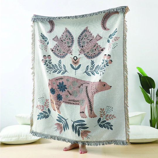 Jungle Animal Sofa Blanket|Rabbit Retro Forest Animals Blanket | Nap Bear Tapestry Picnic Cotton Tassel Woven