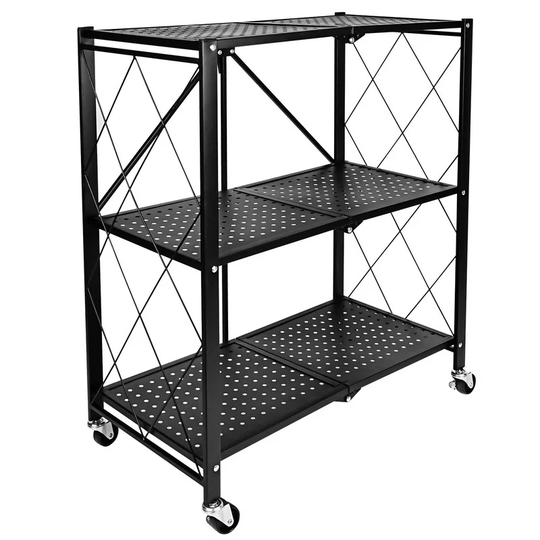 Black 3-Tier Heavy Duty Foldable Metal Rack Storage Shelving Unit