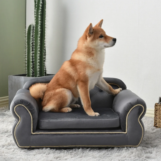 Grey Wooden Frame and Velvet with Buttons Pet Sofa with 4 Black Feet