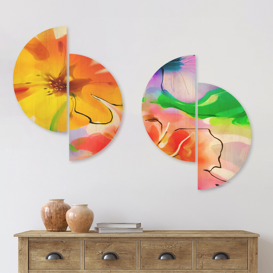 Designart 'Bunch of Colorful Flowers Sketch' Floral Wood Wall Art Set of 4 Half Circles