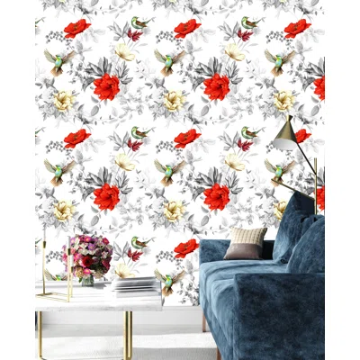 Bridgton Watercolor Flowers and Birds 10' L x 24" W Peel and Stick Wallpaper Roll