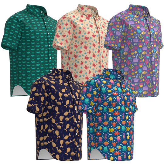 Water Sea Ocean Creatures Animal Fish Crocodile Crab Whale Lobster Coral Reef Octopus Theme Pattern Print Short Sleeve Collar Button Shirt