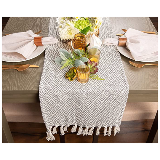 Woven Cotton Chevron Table Runner With Fringe