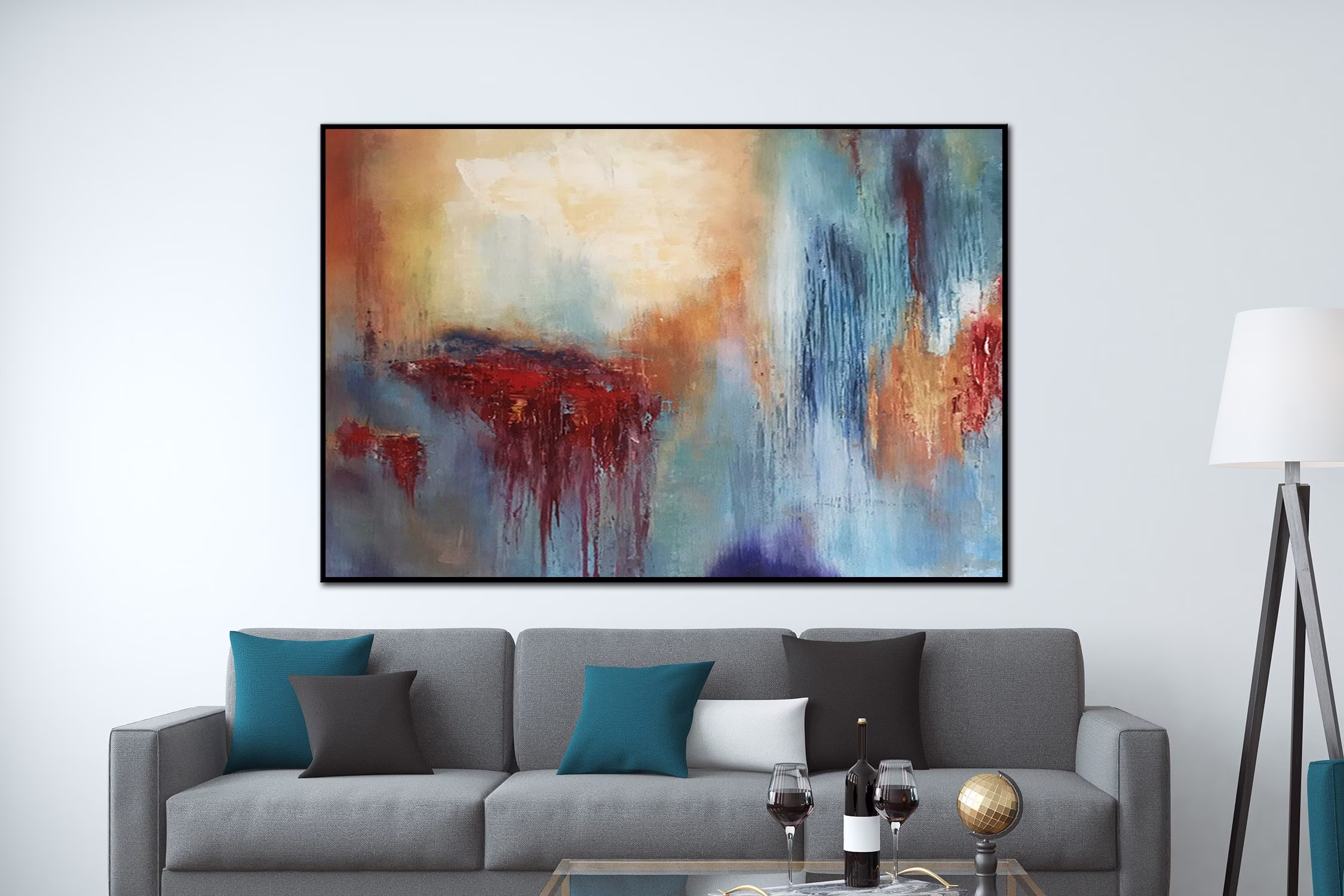 Abstract Colorful Painting On Canvas Blue Wall Art Original Red Artwork Contemporary Modern Oil For Indie Room Decor