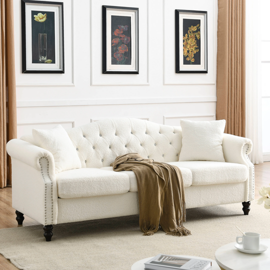 79" Chesterfield Sofa Teddy White, 3 Seater Sofa Tufted Couch with Nailhead