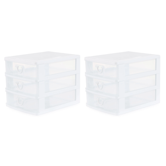 Gracious Living Clear Mini 3 Drawer Desk Organizer with White Finish, 2 Pack - 3.7