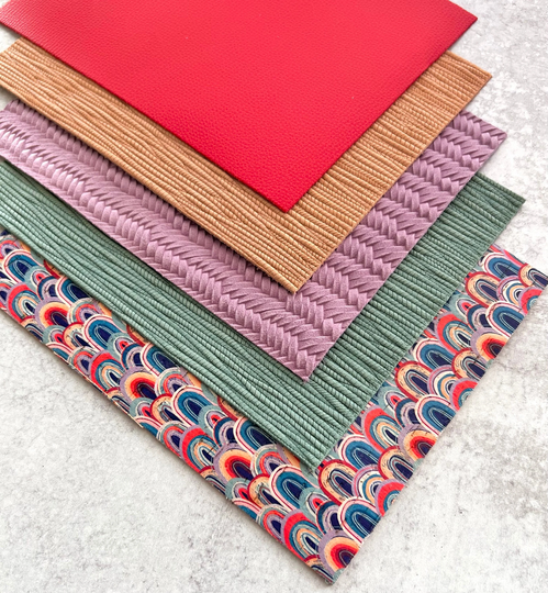 Summer Colors Leather Backed Cork & Genuine Embossed Sheet For Earrings, Rainbow Print, Seafoam Green, Lilac Purple, Peach Palm, Red