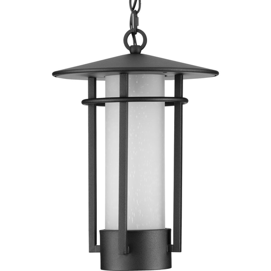 Exton Collection 1-Light Textured Black Etched Seeded Glass Modern Outdoor Pendant Hanging Light - 11.12 in x 11.12 in x 16 in