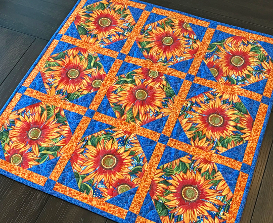 Blue & Orange Sunflower Themed Table Topper, Quilted Decor, Southwestern 21" X