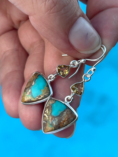 Multi Color, Copper, Turquoise, Citrine, Drop, Earrings, in Sterling Silver