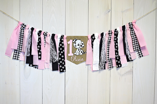 Pink Dalmatian High Chair Banner, Birthday First Puppy Photo Prop, Party Decor