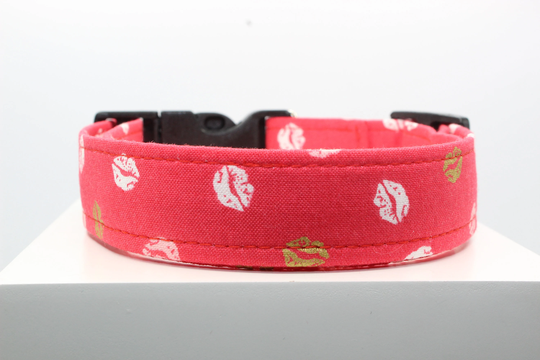 Kiss Me Dog Collar, Custom Handmade Fabric Print Collars For Dogs, Dog Collar