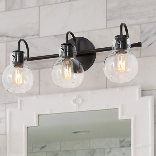 Olia Modern Black 3-Light Linear Bathroom Vanity Lights Globe Glass Wall Sconces