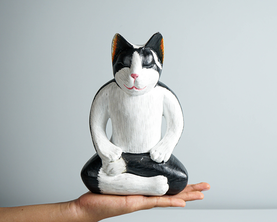 Meditating Cat Figurine, Colorful Yoga Statue, Painted Sculpture, Pose Wood Carving, Apartment Decor, Memorial Gift