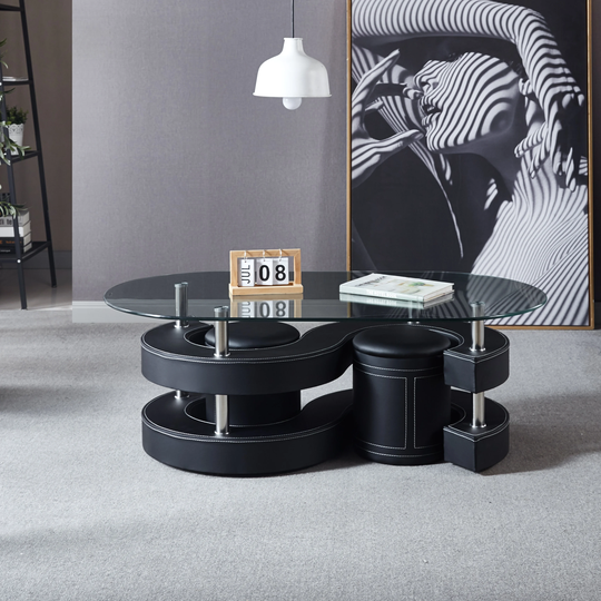 3 Pieces Coffee Table Set with Oval 10mm/0.39" Thick Tempered Glass Table and 2 Leather Stools